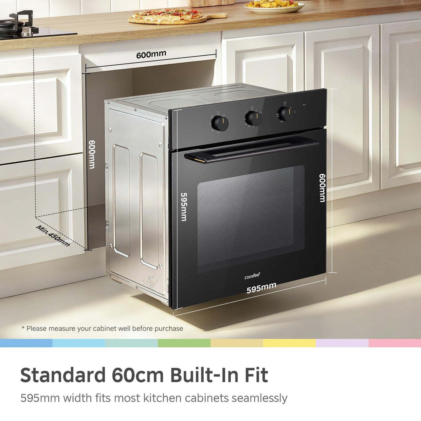 COMFEE' 60L, 60cm Wide, Single Electric Built-in Fan Oven, 8 Function with Air Fry, Multiphase Cooking and Easy Cleaning Removable Door, Color Black - CBO60M80M1-BK