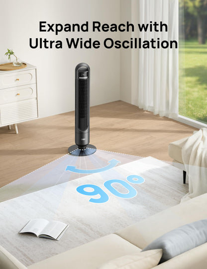 DREO Smart Tower Fan for Bedroom& Home, 26ft/s Powerful Airflow, 33ft Coverage, 1-12H Timer, 4 Speeds, 3 Modes, 28dB Bladeless Fan with App & Voice Control, 90° Oscillating Cooling Fan, LED Display