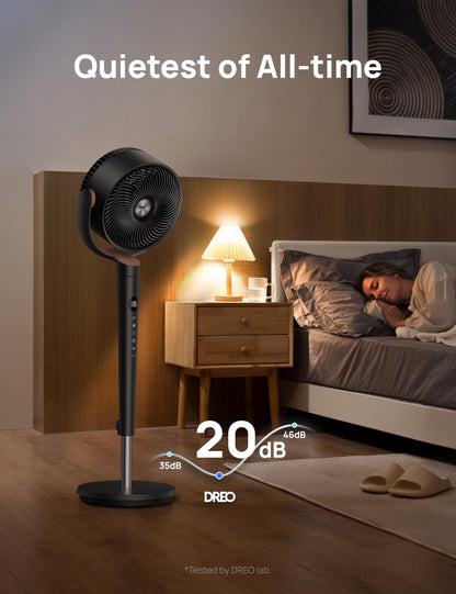 DREO 20dB Ultra Quiet Standing Pedestal Fan for Bedroom, 120° Oscillating Electric Cooling Fan with DC Motor, 9 Speeds & 4 Modes, 8H Timer, Remote, 37-42" Adjustable Height, 9" Blade, Home & Office