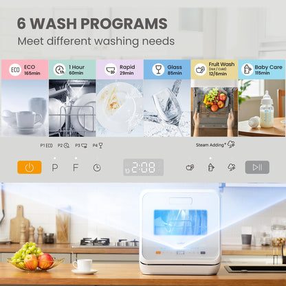 COMFEE‘ Table Top Dishwasher, Mini Countertop Dishwasher with 6+3 Programs, Steam Wash, Baby Care & Fruit Wash, No plumbing, Delay Start, 72H Storage, Perfect for Singles or Couples