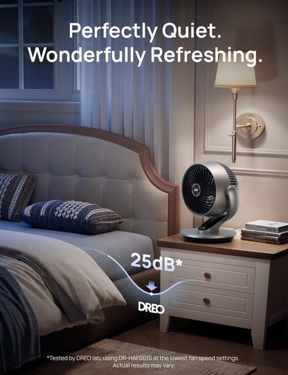 DREO Smart Table Fan for Bedroom, 28dB Silent Air Circulator Fan with Remote, 7 Inch Diameter Cooling Quiet Desk Fan, 120° Vertical Manual+90° Horizontal Oscillating, 4 Speeds, 5 Modes, 12H Timer