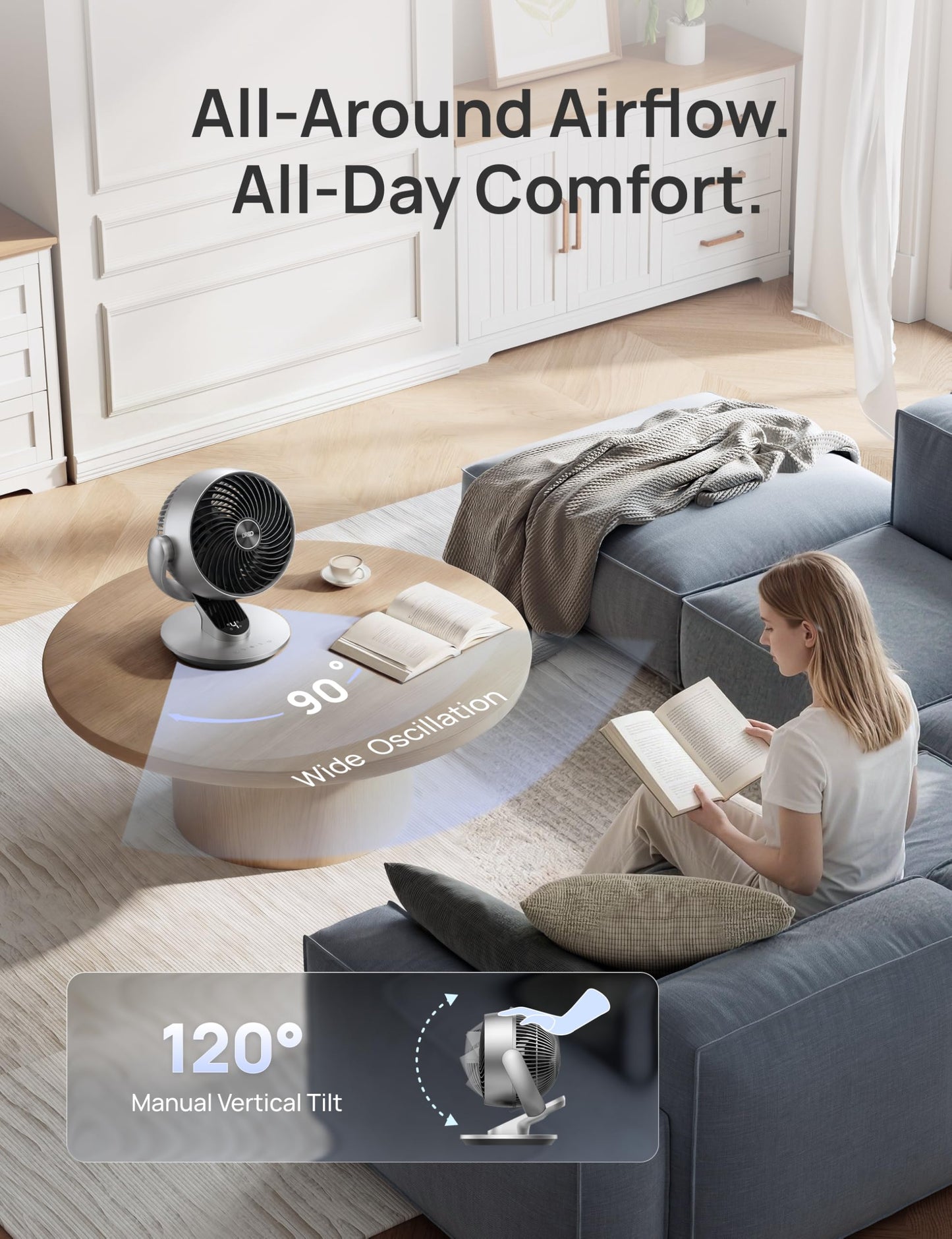 DREO Smart Table Fan for Bedroom, 28dB Silent Air Circulator Fan with Remote, 7 Inch Diameter Cooling Quiet Desk Fan, 120° Vertical Manual+90° Horizontal Oscillating, 4 Speeds, 5 Modes, 12H Timer