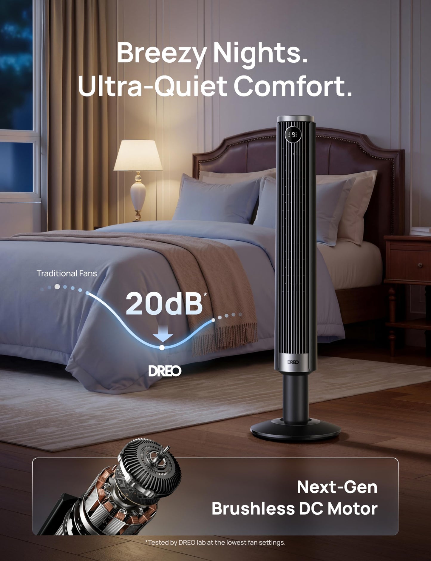 DREO Smart 40"-45" Tower Fan for Bedroom, Adjustable Height, 28 ft/s Velocity, DC Motor, 9 Speeds, 4 Modes, 90°Oscillating, Standing Fan, 20dB Quiet, 12H Timer for Home, Office, Google/Alexa, Black