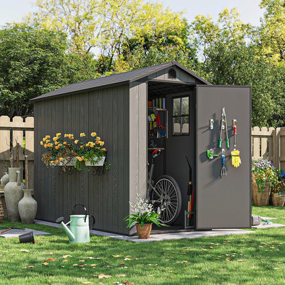 4X8 FT Plastic Outdoor Storage Shed with Floor, Resin outside Shed with Windows and Lockable Door for Backyard Garden Patio Lawn, Easy Installation, Gray (Fit-It Shed)