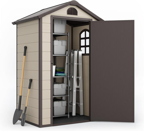 Outdoor Storage Shed 4X3 Ft, Resin Sheds & Outdoor Storage, Patio Furniture Shed with Lockable Door, Outdoor Sheds Garden Tools, Bikes, BBQ Grills, Pool Accessories for Backyard, Patio